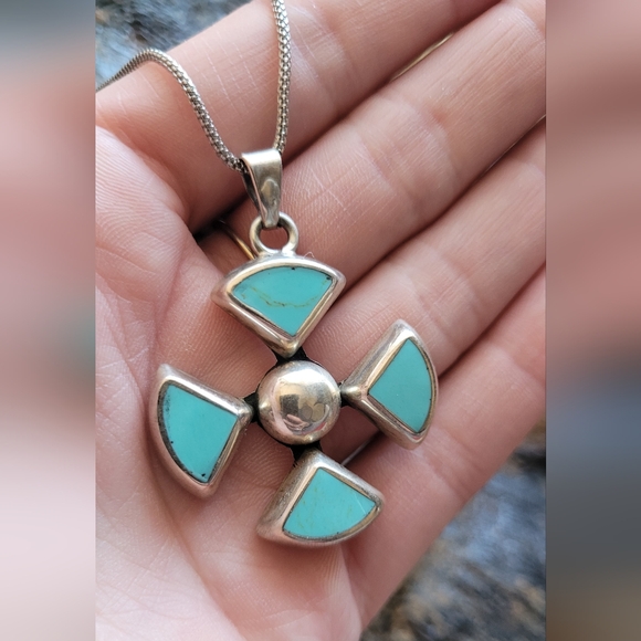 Vintage Sterling Stamped Mexican Cross Turquoise and Silver Pendant Necklace - Picture 2 of 5